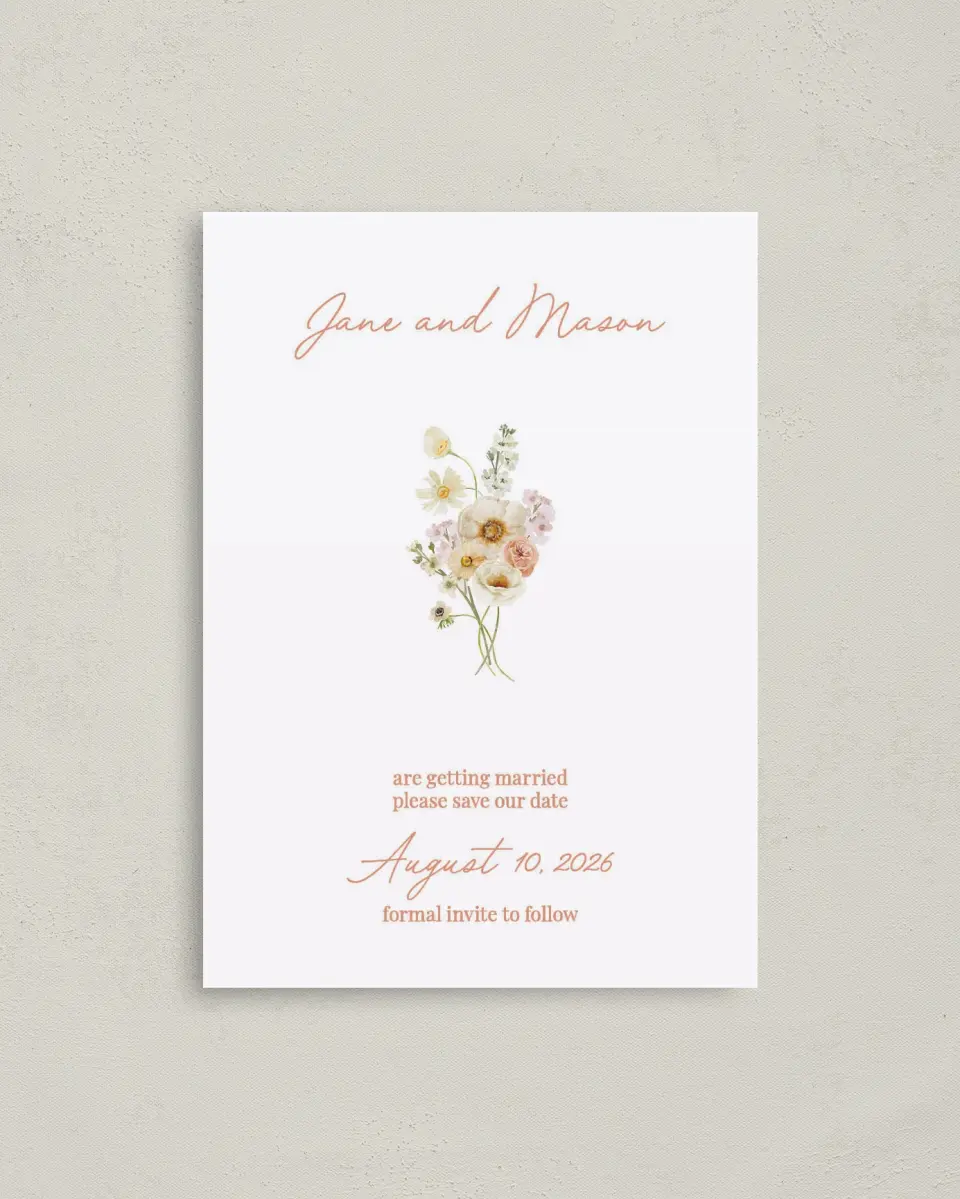 This is a 4" x 5.6" Save the Date Postcard called Warm Wildflowers printed in full color on Soft Touch Finish paper