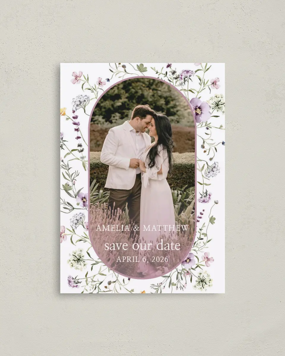 This is a 4" x 5.6" Save the Date Postcard called Whimsy Fairytale printed in full color with Rose Gold foil on Soft Touch Finish paper