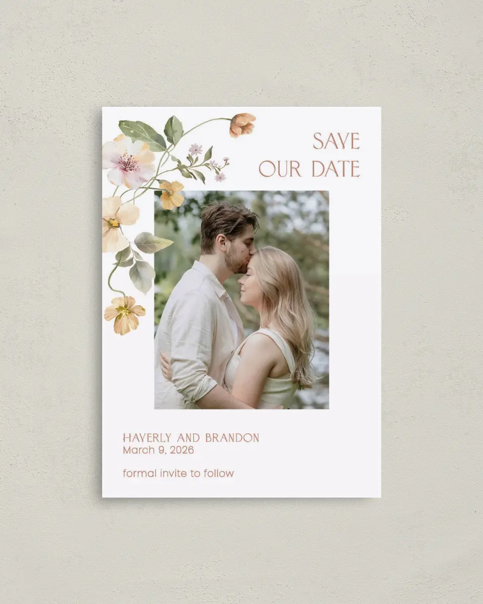 This is a 4" x 5.6" Save the Date Postcard called Delicate Garden printed in full color with Rose Gold foil on Soft Touch Finish paper