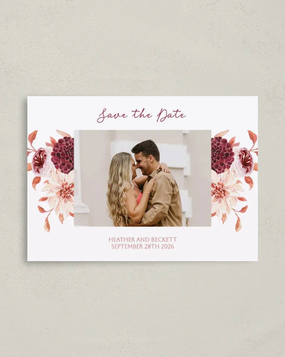 This is a 4" x 5.6" Save the Date Postcard called Mauvelous printed in full color on Soft Touch Finish paper