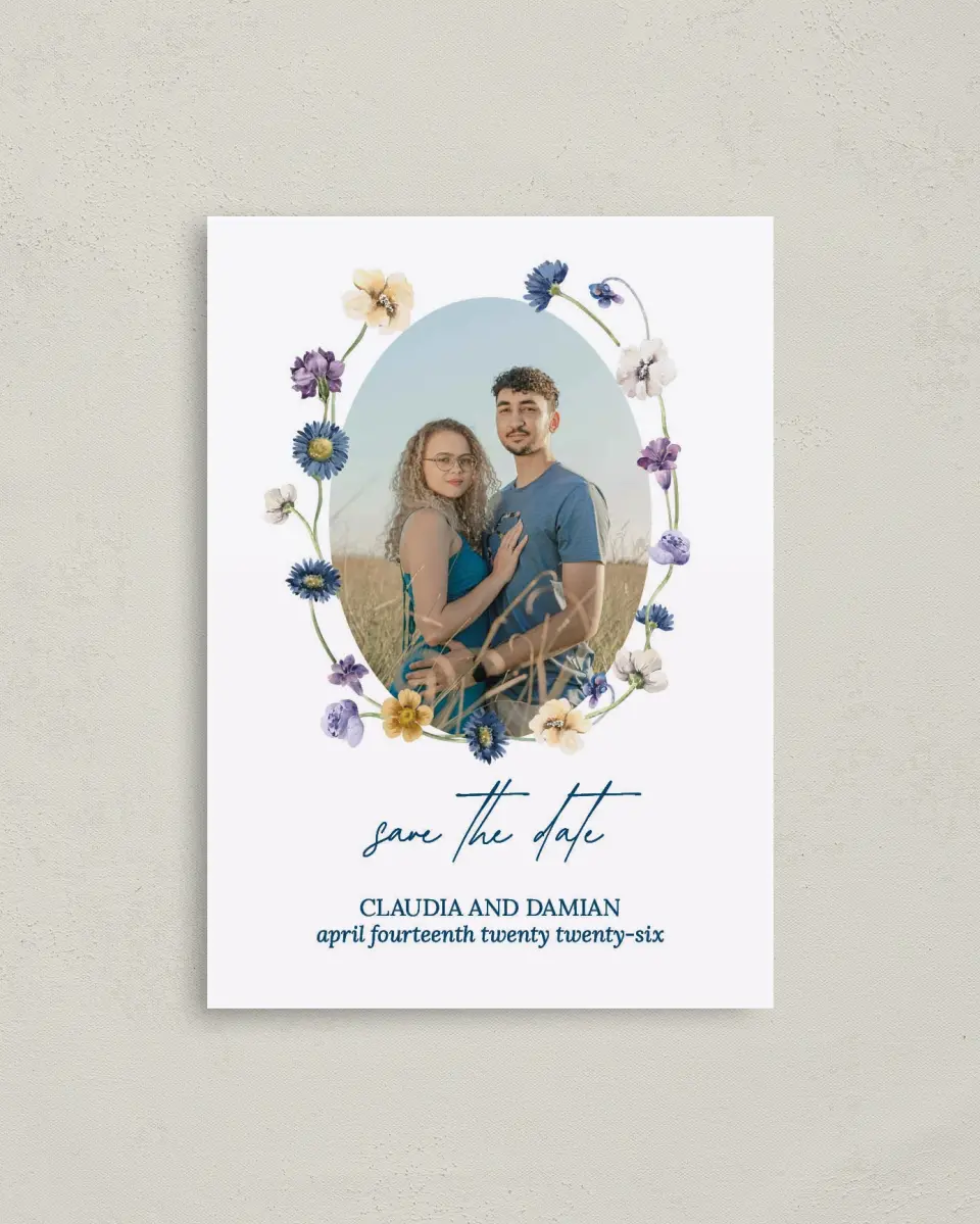 This is a 4" x 5.6" Save the Date Postcard called Wildest Dream printed in full color on Soft Touch Finish paper