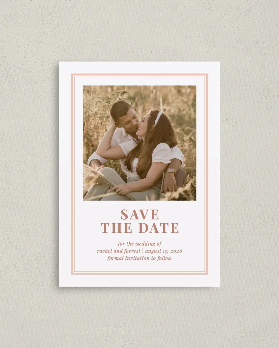 This is a 4" x 5.6" Save the Date Postcard called Gorgeous Blush printed in full color on Soft Touch Finish paper