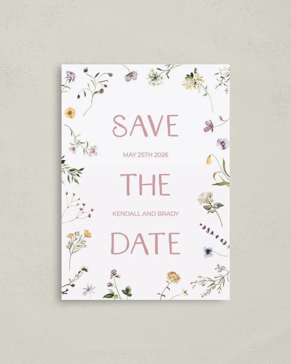 This is a 4" x 5.6" Save the Date Postcard called Efflorescence printed in full color on Soft Touch Finish paper