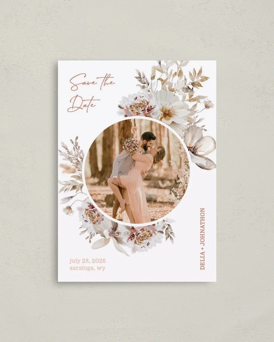 This is a 4" x 5.6" Save the Date Postcard called Petal Perfect printed in full color with Rose Gold foil on Soft Touch Finish paper