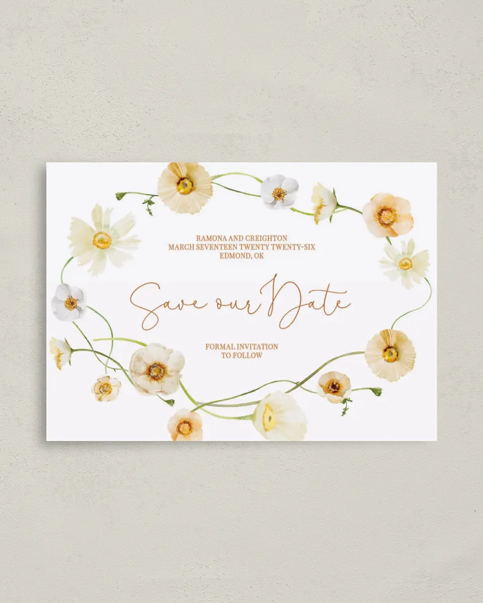 This is a 4" x 5.6" Save the Date Postcard called Sultry Sunshine printed in full color on Soft Touch Finish paper