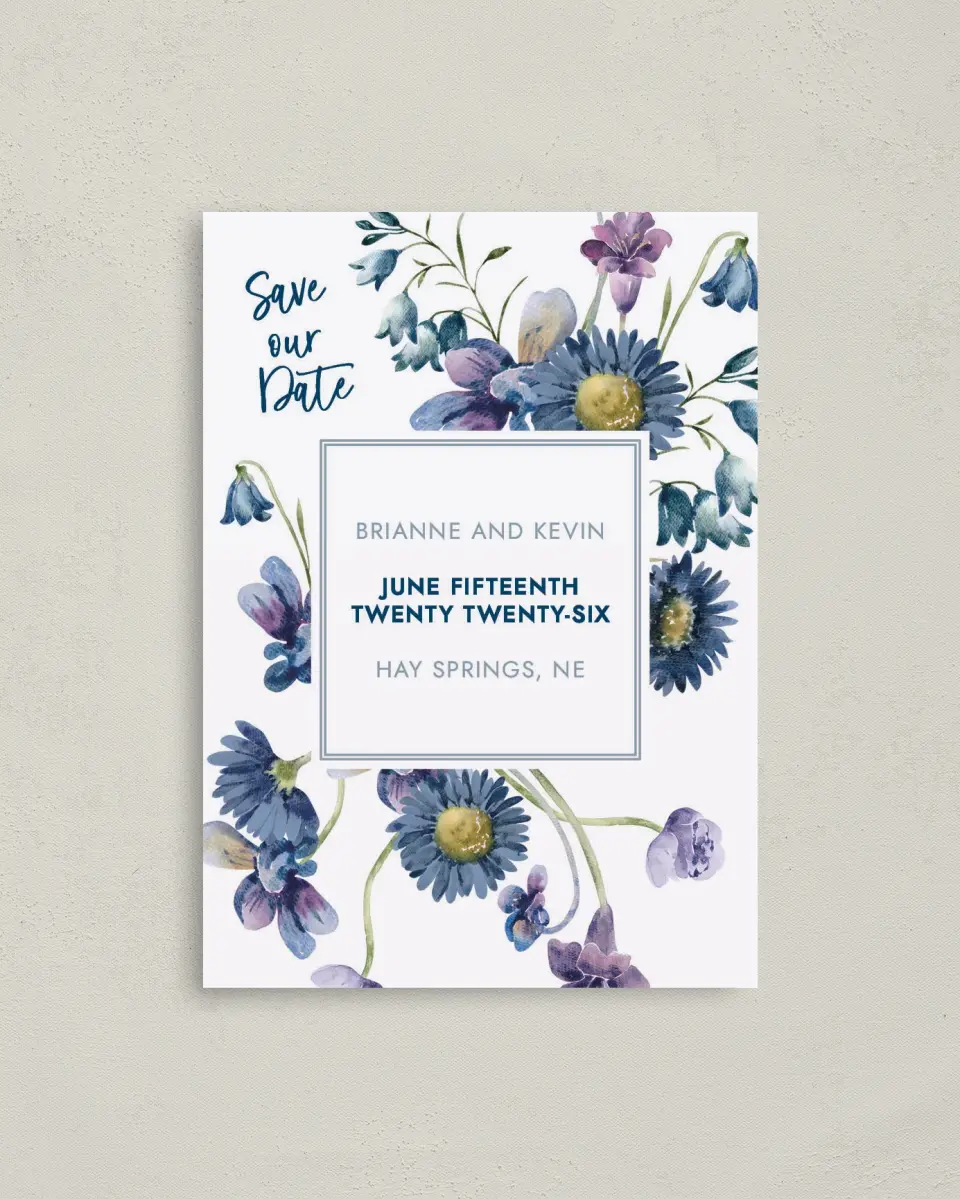 This is a 4" x 5.6" Save the Date Postcard called Abundant Blue printed in full color with Rose Gold foil on Soft Touch Finish paper