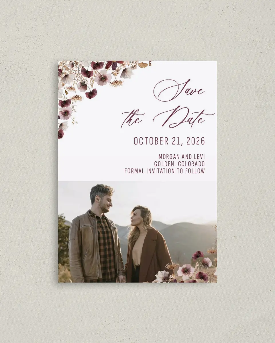 This is a 4" x 5.6" Save the Date Postcard called Harvest Meadows printed in full color on Soft Touch Finish paper