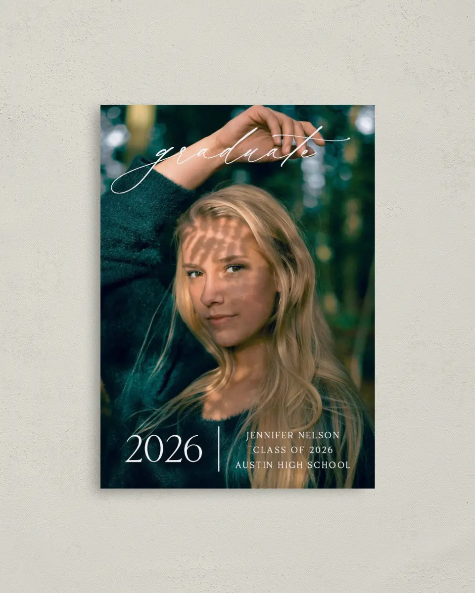 This is a 4" x 5.6" Graduation Announcement Postcard called Stunning Senior printed in full color with Silver foil on Soft Touch Finish paper