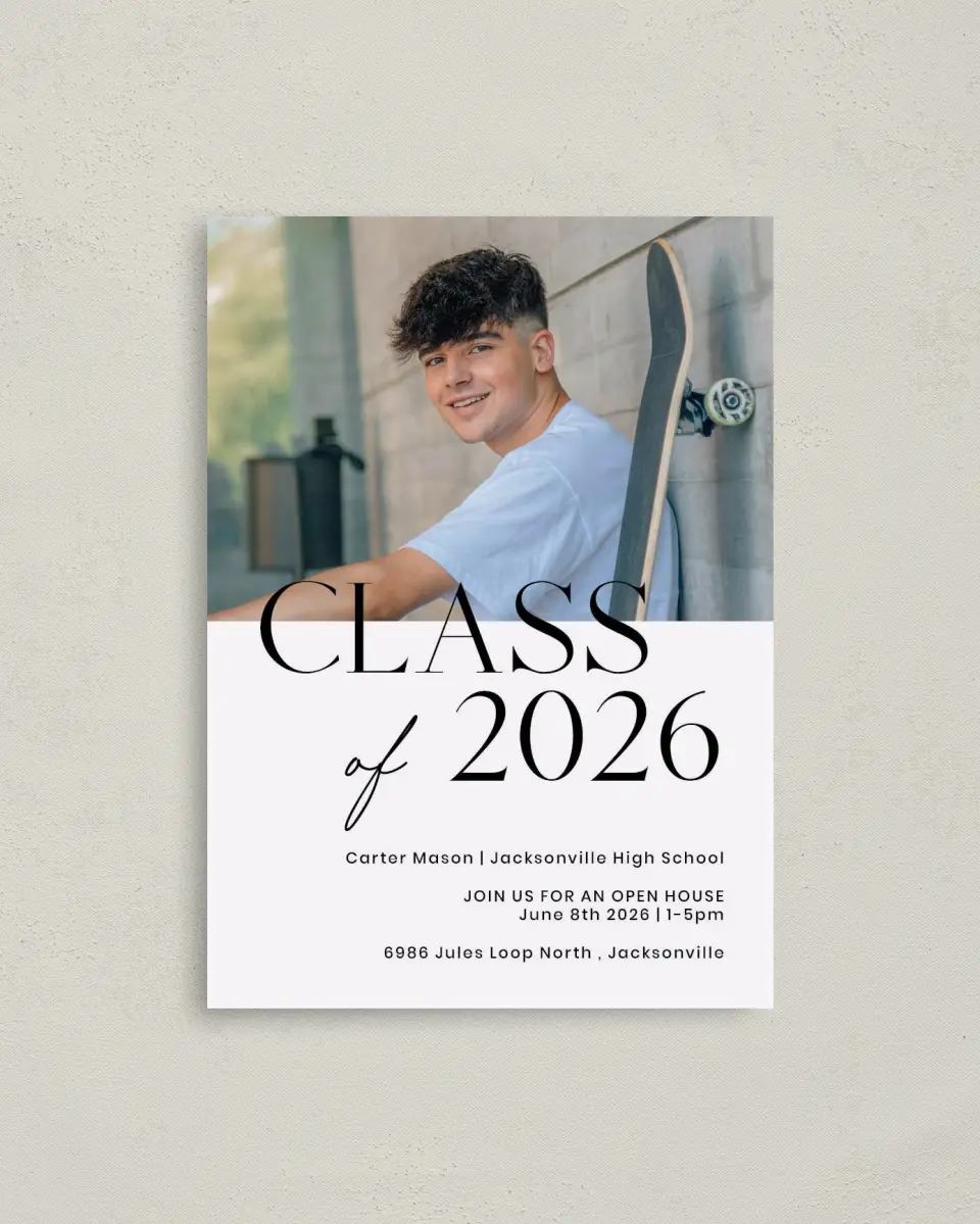 This is a 4" x 5.6" Graduation Announcement Postcard called Classy Cool Grad printed in full color with Silver foil on Soft Touch Finish paper