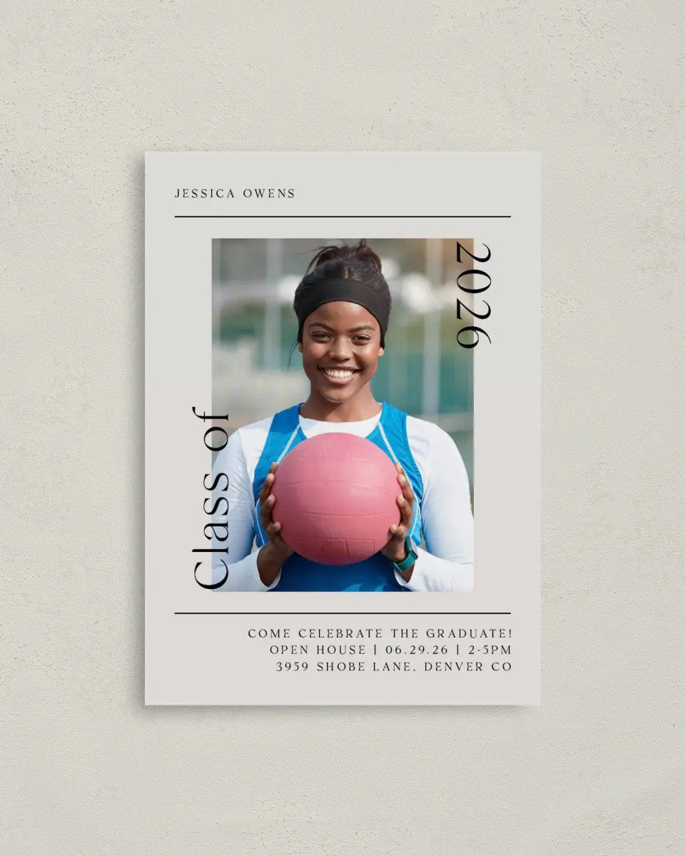 This is a 4" x 5.6" Graduation Announcement Postcard called Start of Something New printed in full color with Gold foil on Soft Touch Finish paper