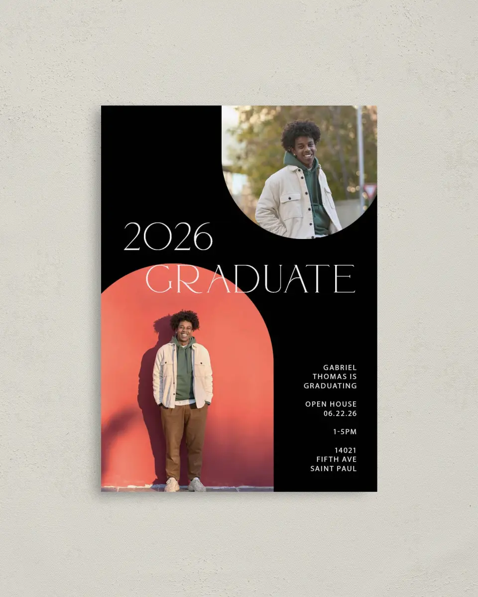 This is a 4" x 5.6" Graduation Announcement Postcard called Starting Fresh printed in full color with Gold foil on Soft Touch Finish paper