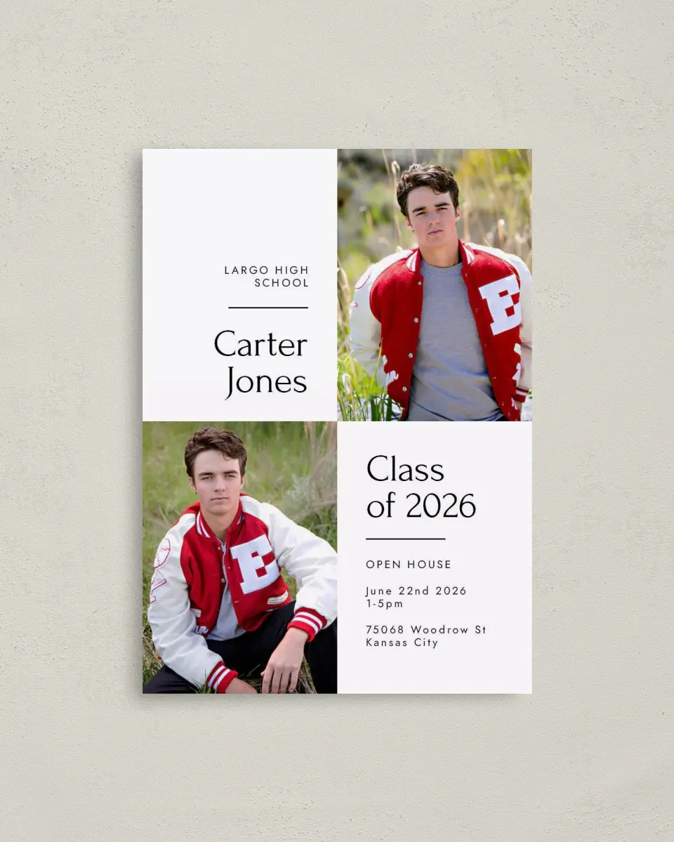 This is a 4" x 5.6" Graduation Announcement Postcard called Simple Grid Grad printed in full color with Gold foil on Soft Touch Finish paper