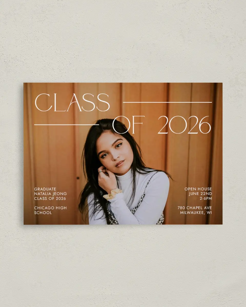 This is a 4" x 5.6" Graduation Announcement Postcard called All Eyes On Me printed in full color on Soft Touch Finish paper
