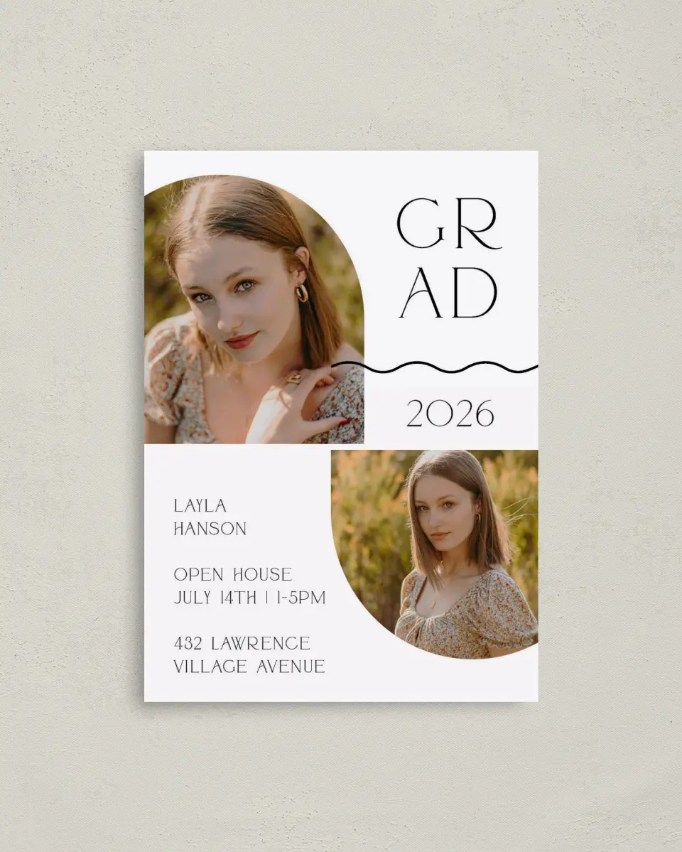 This is a 4" x 5.6" Graduation Announcement Postcard called Beyond Blessed printed in full color with Gold foil on Soft Touch Finish paper