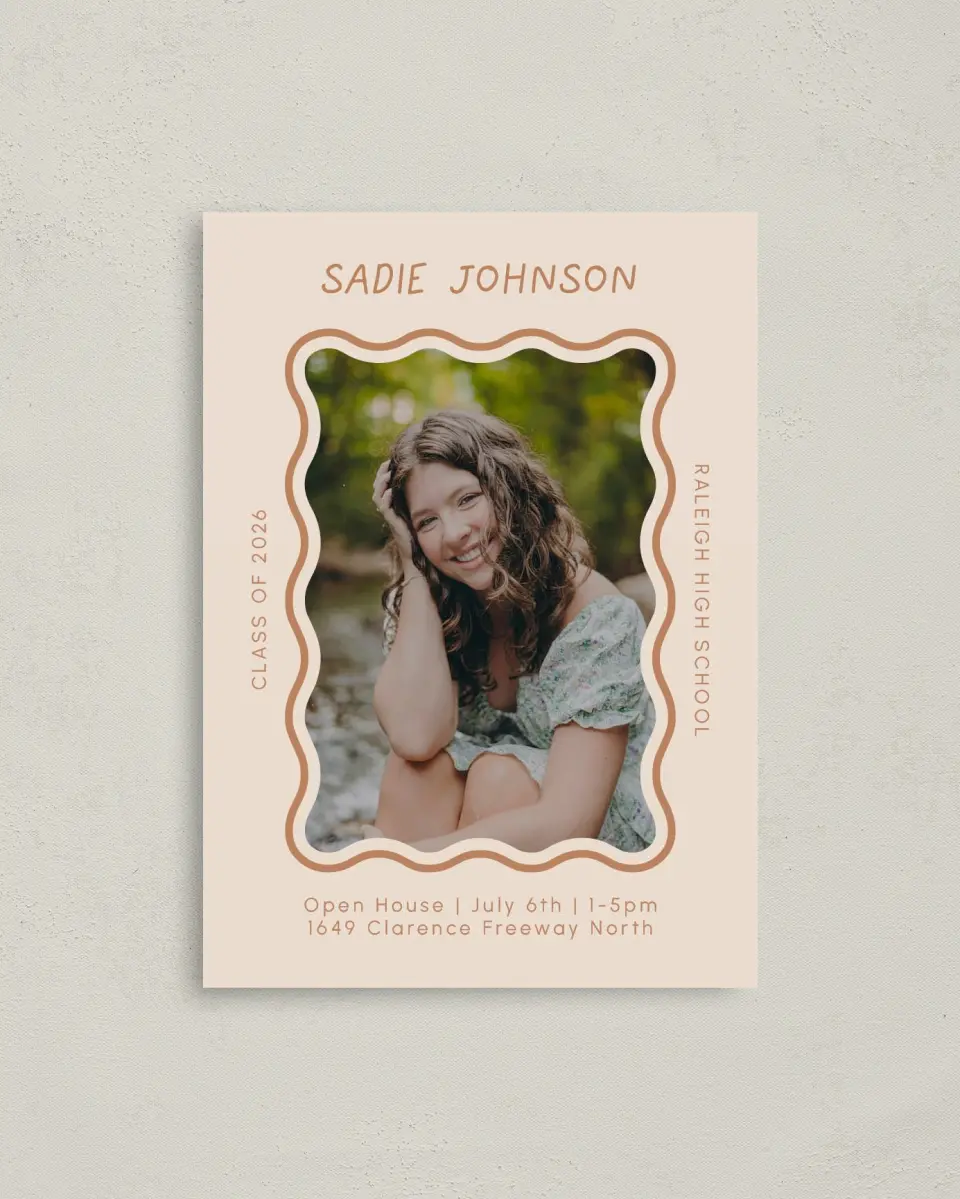 This is a 4" x 5.6" Graduation Announcement Postcard called Wavy Frame Fun printed in full color with Gold foil on Soft Touch Finish paper