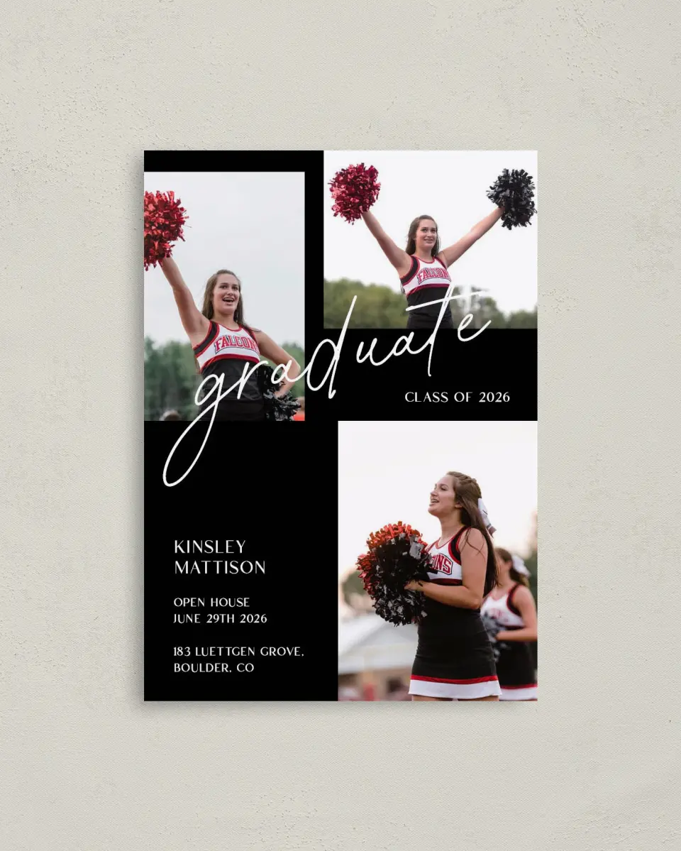 This is a 4" x 5.6" Graduation Announcement Postcard called A New Chapter printed in full color on Soft Touch Finish paper