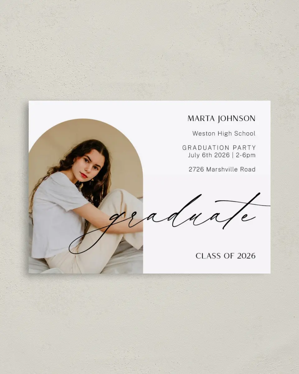 This is a 4" x 5.6" Graduation Announcement Postcard called Dainty Dreaming printed in full color on Soft Touch Finish paper