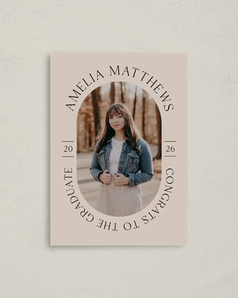 This is a 4" x 5.6" Graduation Announcement Postcard called Time To Shine printed in full color with Rose Gold foil on Soft Touch Finish paper