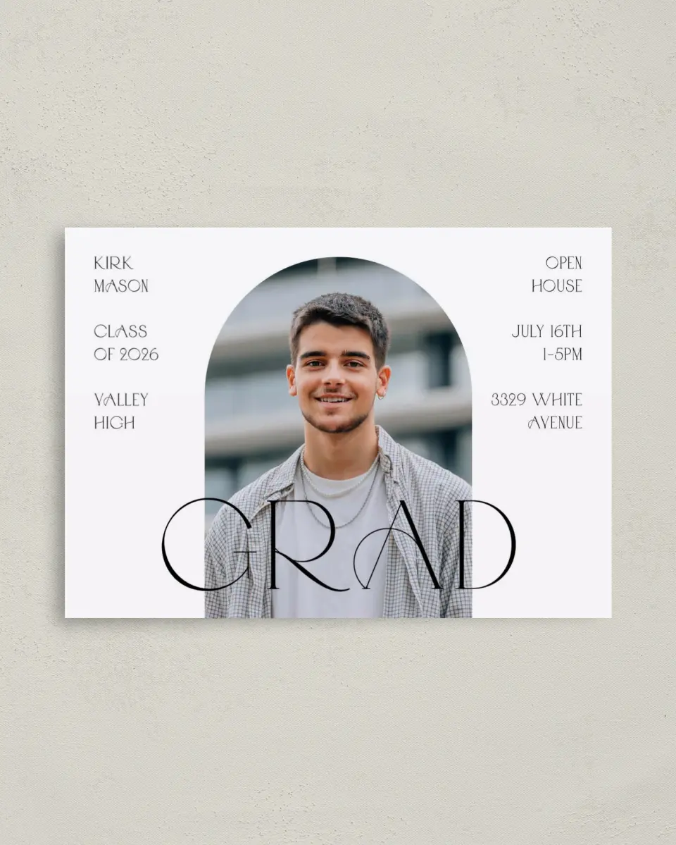 This is a 4" x 5.6" Graduation Announcement Postcard called Milestones and Memories printed in full color on Soft Touch Finish paper