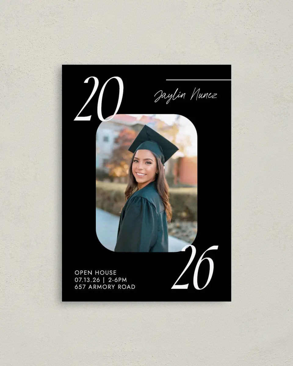 This is a 4" x 5.6" Graduation Announcement Postcard called Your Year! printed in full color with Gold foil on Soft Touch Finish paper