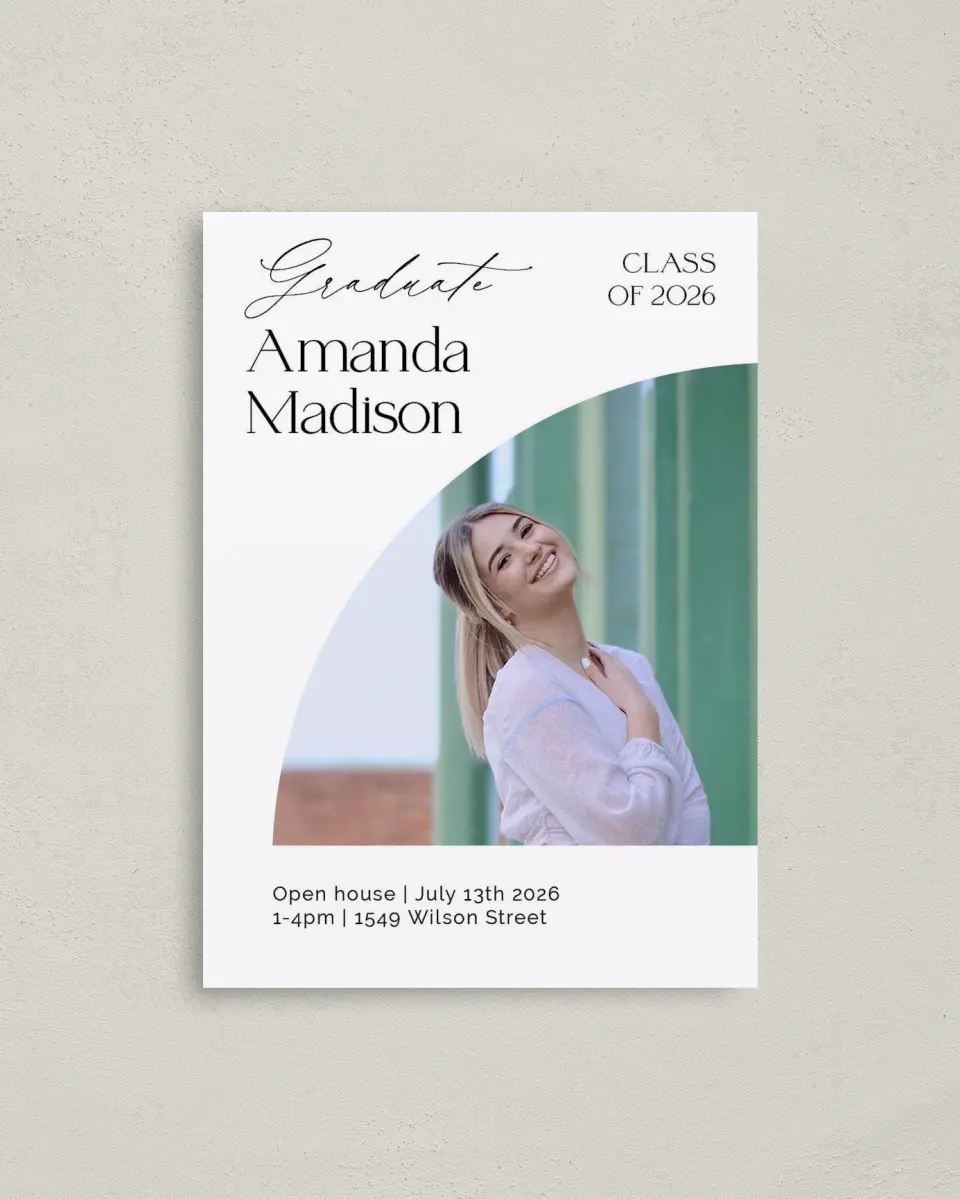 This is a 4" x 5.6" Graduation Announcement Postcard called Growing and Glowing printed in full color with Silver foil on Soft Touch Finish paper