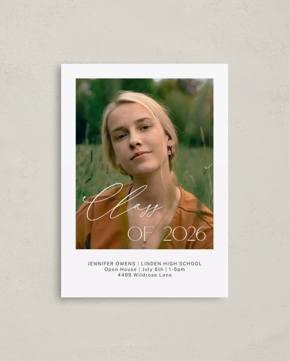This is a 4" x 5.6" Graduation Announcement Postcard called Future Is Now printed in full color with Rose Gold foil on Soft Touch Finish paper