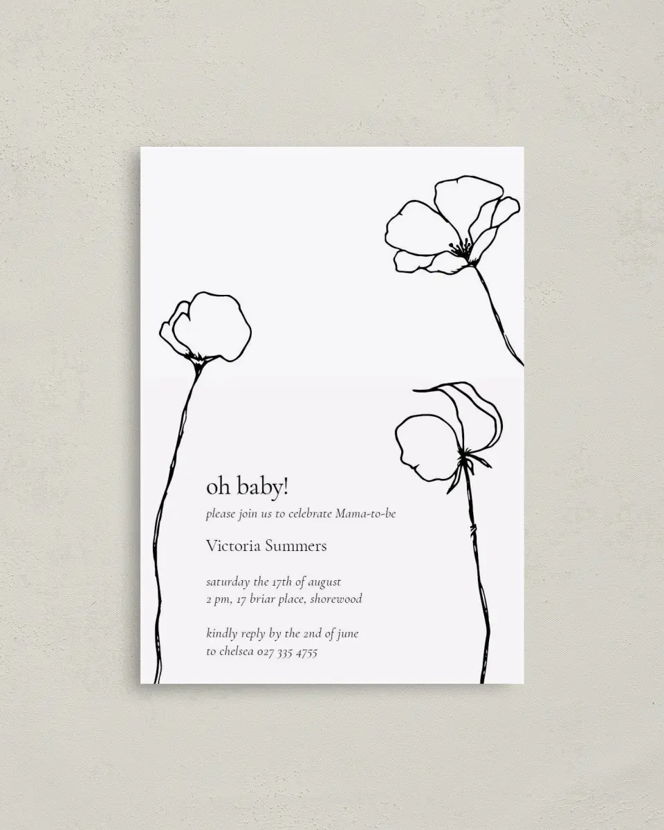 This is a 4" x 5.6" Baby Shower Invitation Postcard called Budding Poppies printed in full color on Soft Touch Finish paper