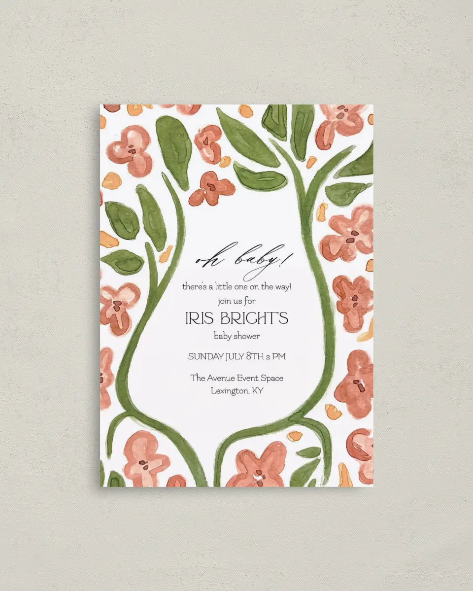 This is a 4" x 5.6" Baby Shower Invitation Postcard called Nursery Blooms printed in full color on Soft Touch Finish paper