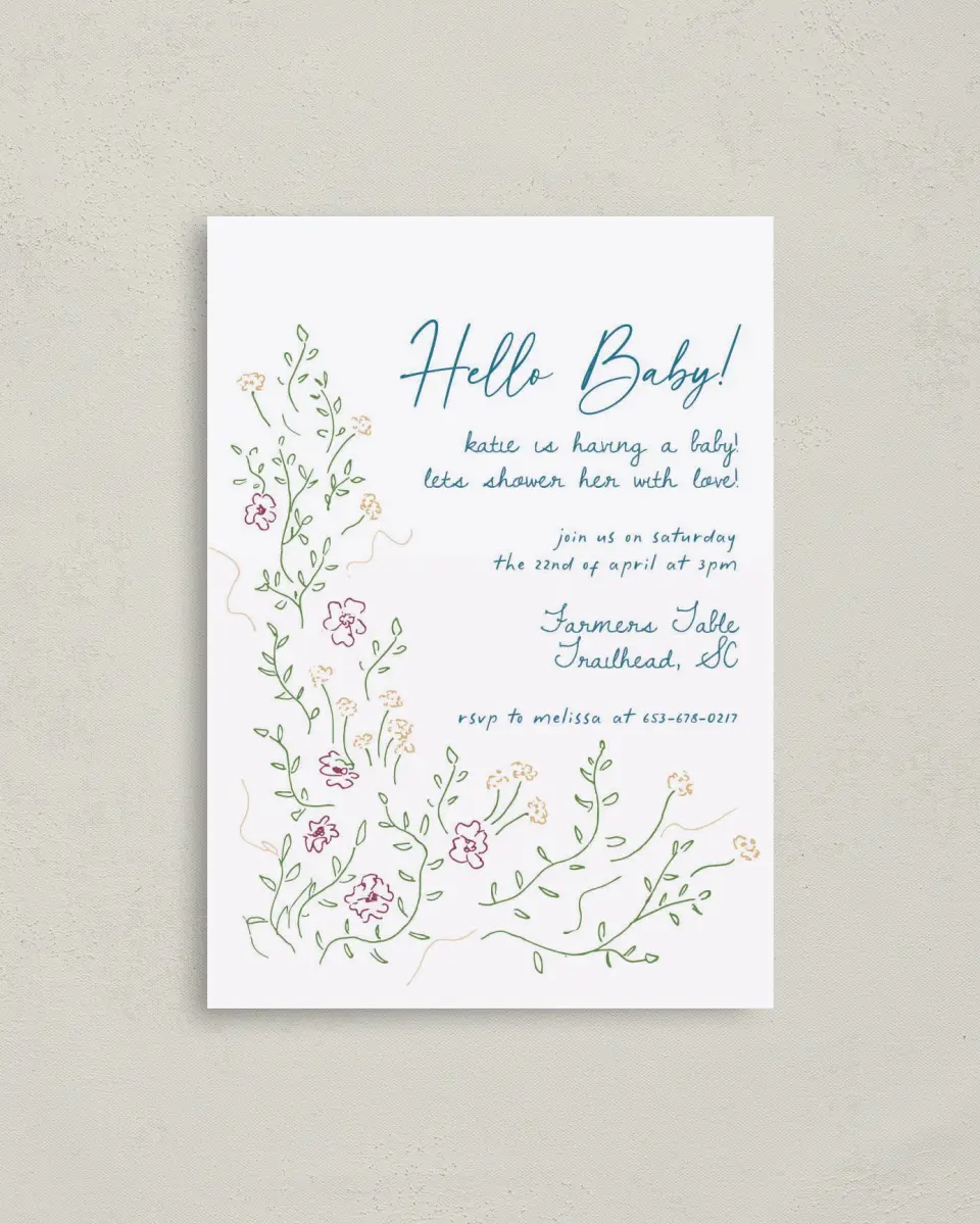 This is a 4" x 5.6" Baby Shower Invitation Postcard called Delicate Dreams printed in full color on Soft Touch Finish paper