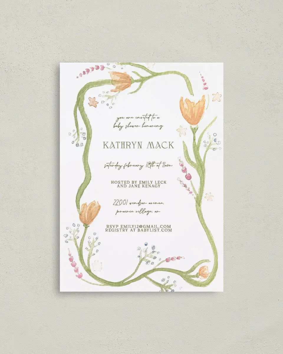 This is a 4" x 5.6" Baby Shower Invitation Postcard called Frilly Florals printed in full color on Soft Touch Finish paper