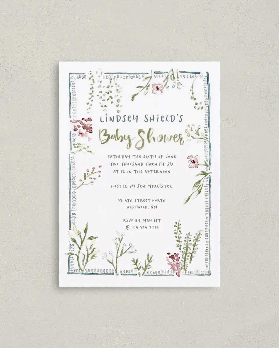 This is a 4" x 5.6" Baby Shower Invitation Postcard called Picking New Petals printed in full color on Soft Touch Finish paper