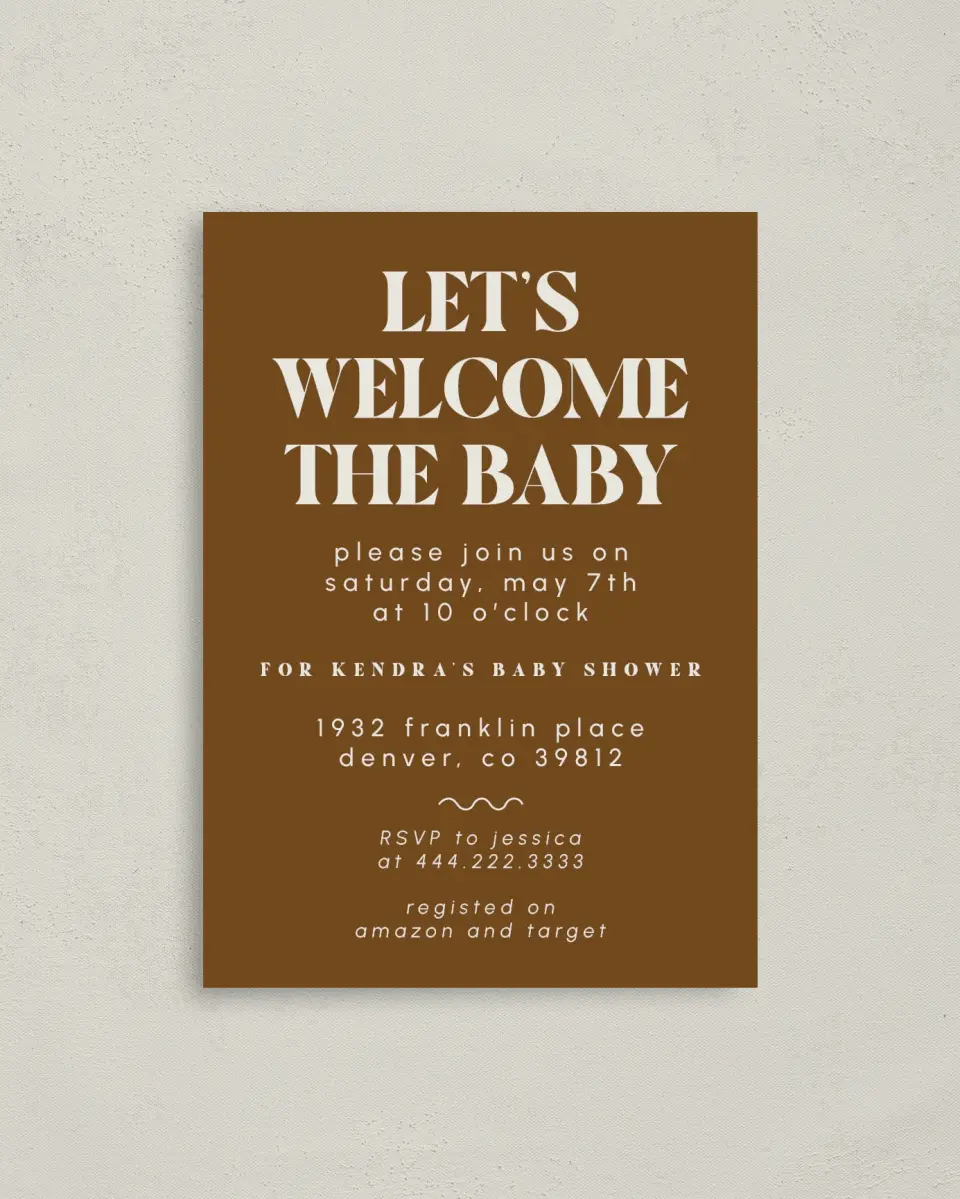This is a 4" x 5.6" Baby Shower Invitation Postcard called Wonderful Welcome printed in full color on Soft Touch Finish paper