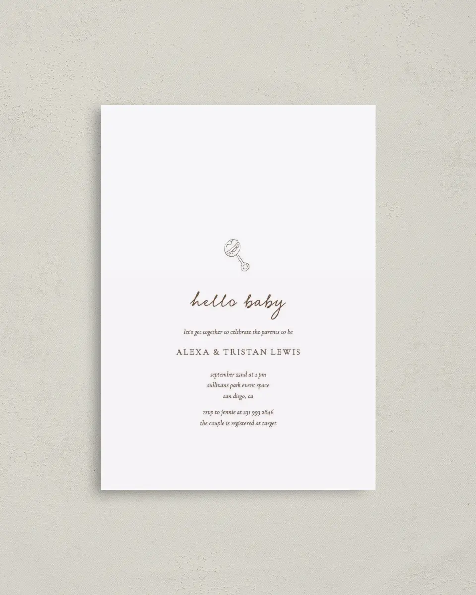 This is a 4" x 5.6" Baby Shower Invitation Postcard called Mini Me printed in full color on Soft Touch Finish paper