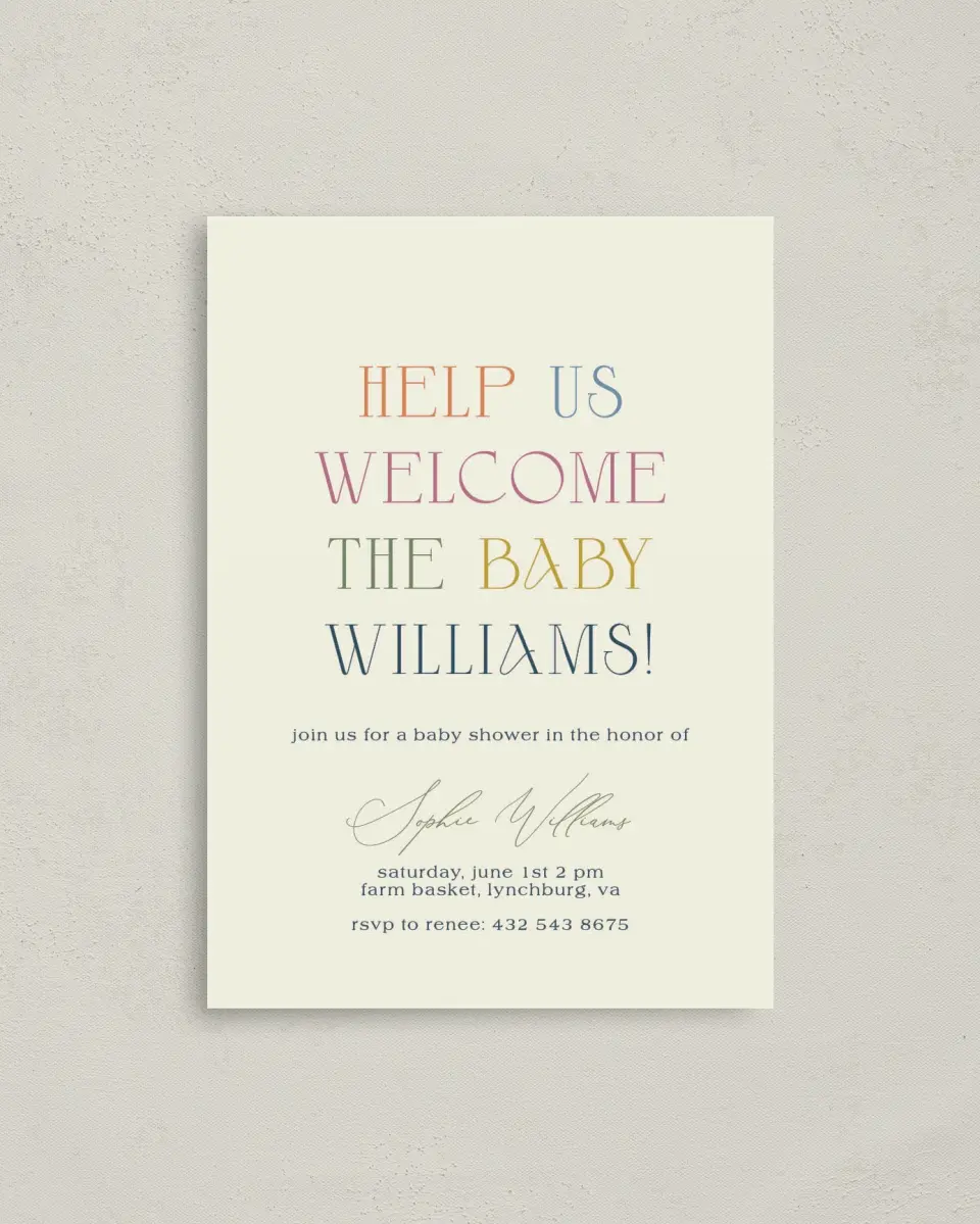 This is a 4" x 5.6" Baby Shower Invitation Postcard called Warm Welcome printed in full color on Soft Touch Finish paper