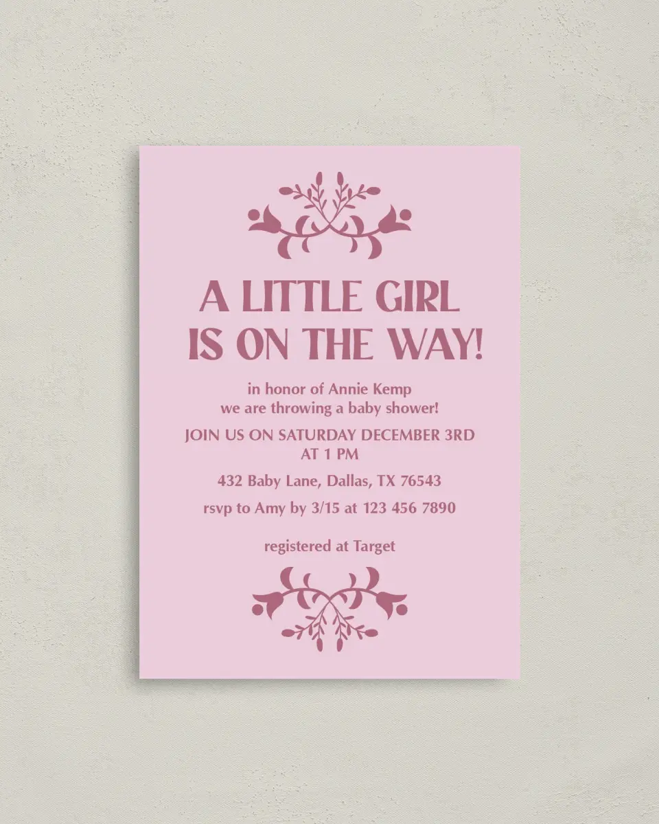 This is a 4" x 5.6" Baby Shower Invitation Postcard called Pink Party printed in full color on Soft Touch Finish paper