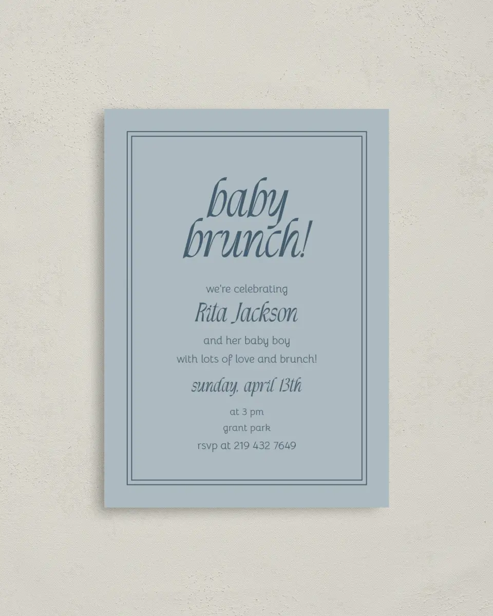 This is a 4" x 5.6" Baby Shower Invitation Postcard called Breezy Brunch printed in full color on Soft Touch Finish paper