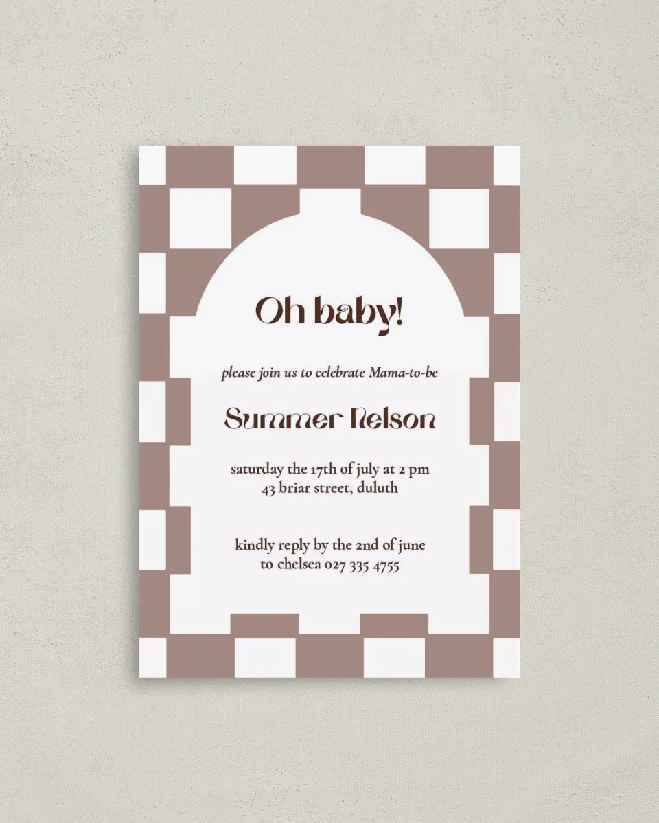 This is a 4" x 5.6" Baby Shower Invitation Postcard called Checkered Celebration printed in full color on Soft Touch Finish paper