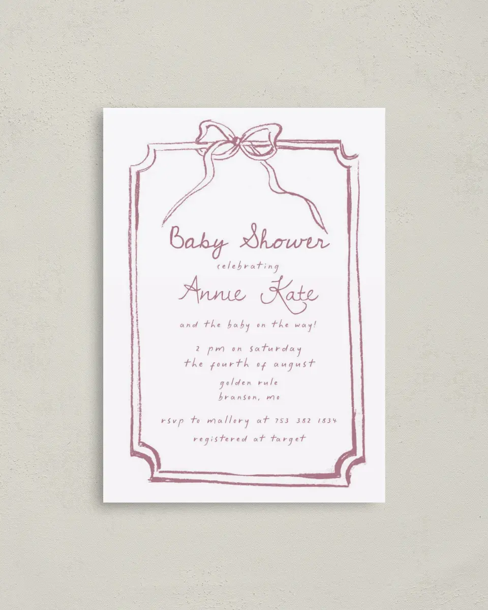 This is a 4" x 5.6" Baby Shower Invitation Postcard called Careful Coquette printed in full color on Soft Touch Finish paper