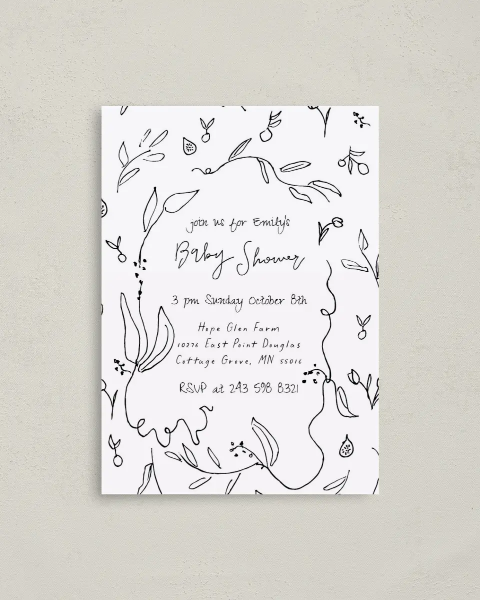 This is a 4" x 5.6" Baby Shower Invitation Postcard called Fruit On The Vine printed in full color on Soft Touch Finish paper