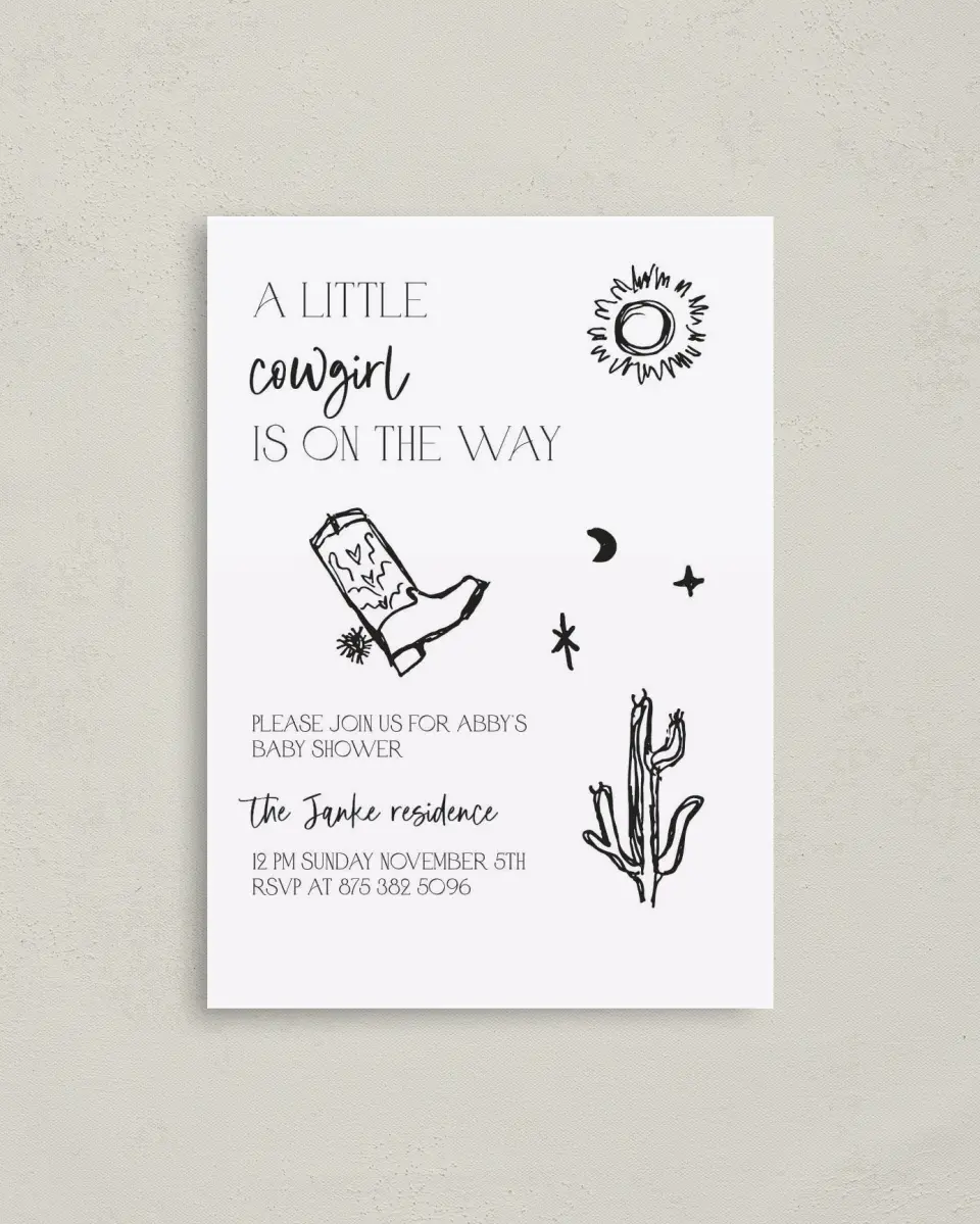 This is a 4" x 5.6" Baby Shower Invitation Postcard called Little Cowgirl printed in full color on Soft Touch Finish paper