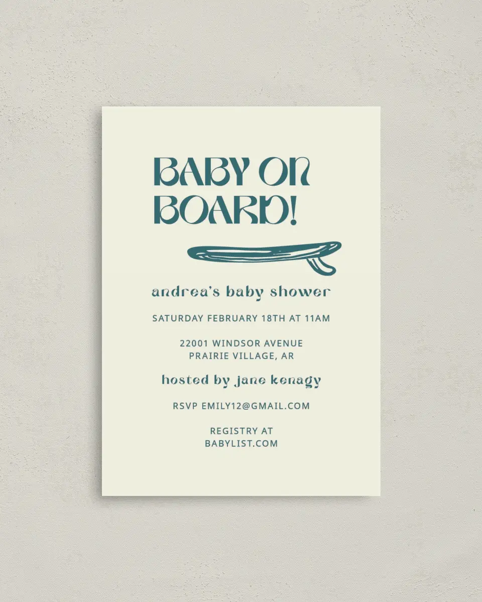This is a 4" x 5.6" Baby Shower Invitation Postcard called Ready for Surf printed in full color on Soft Touch Finish paper