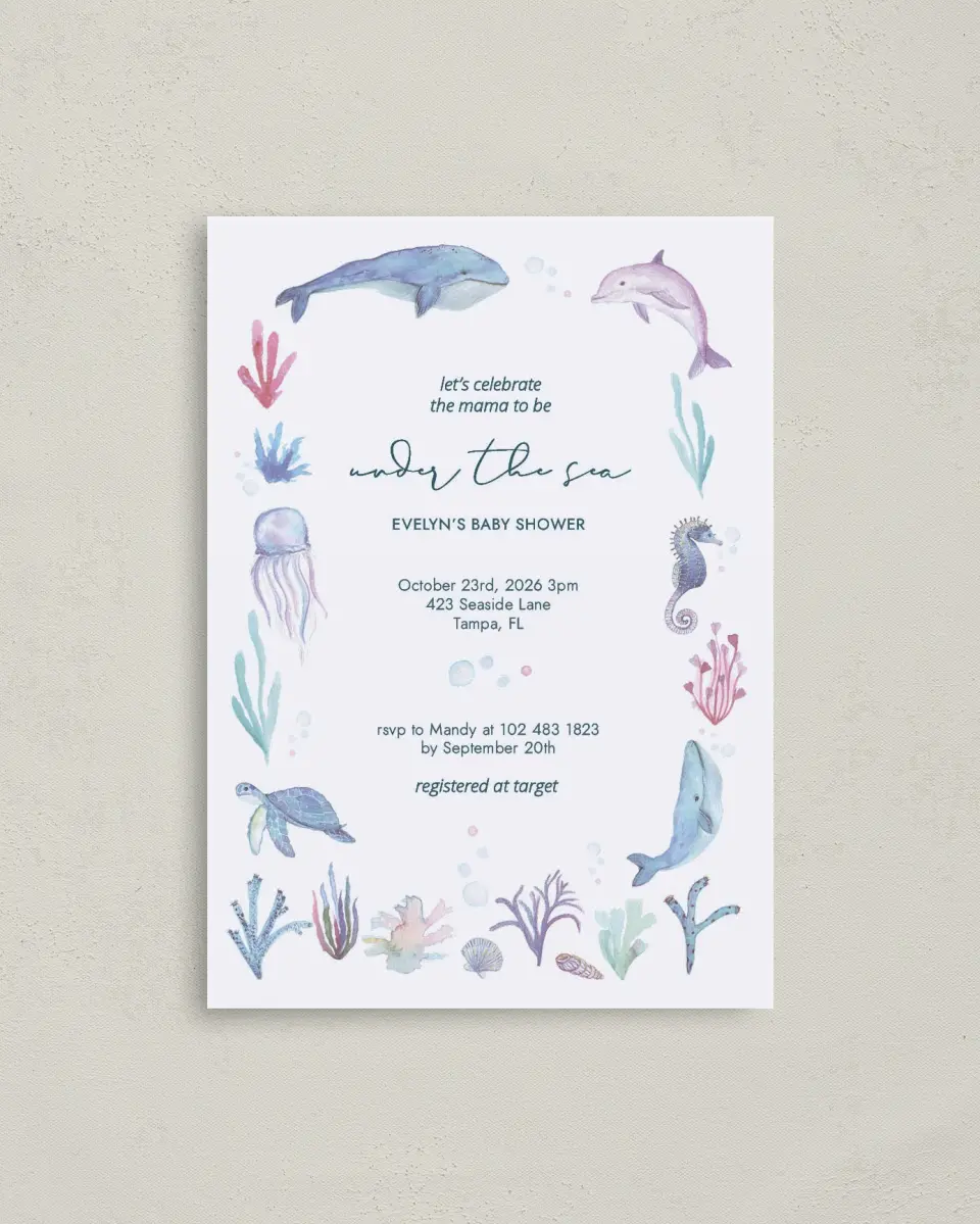 This is a 4" x 5.6" Baby Shower Invitation Postcard called Under The Sea printed in full color on Soft Touch Finish paper