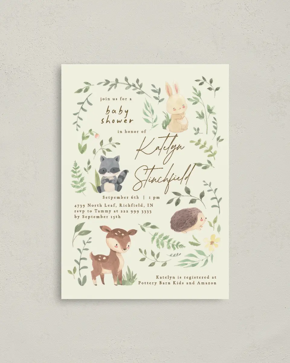 This is a 4" x 5.6" Baby Shower Invitation Postcard called Forest Friends printed in full color on Soft Touch Finish paper