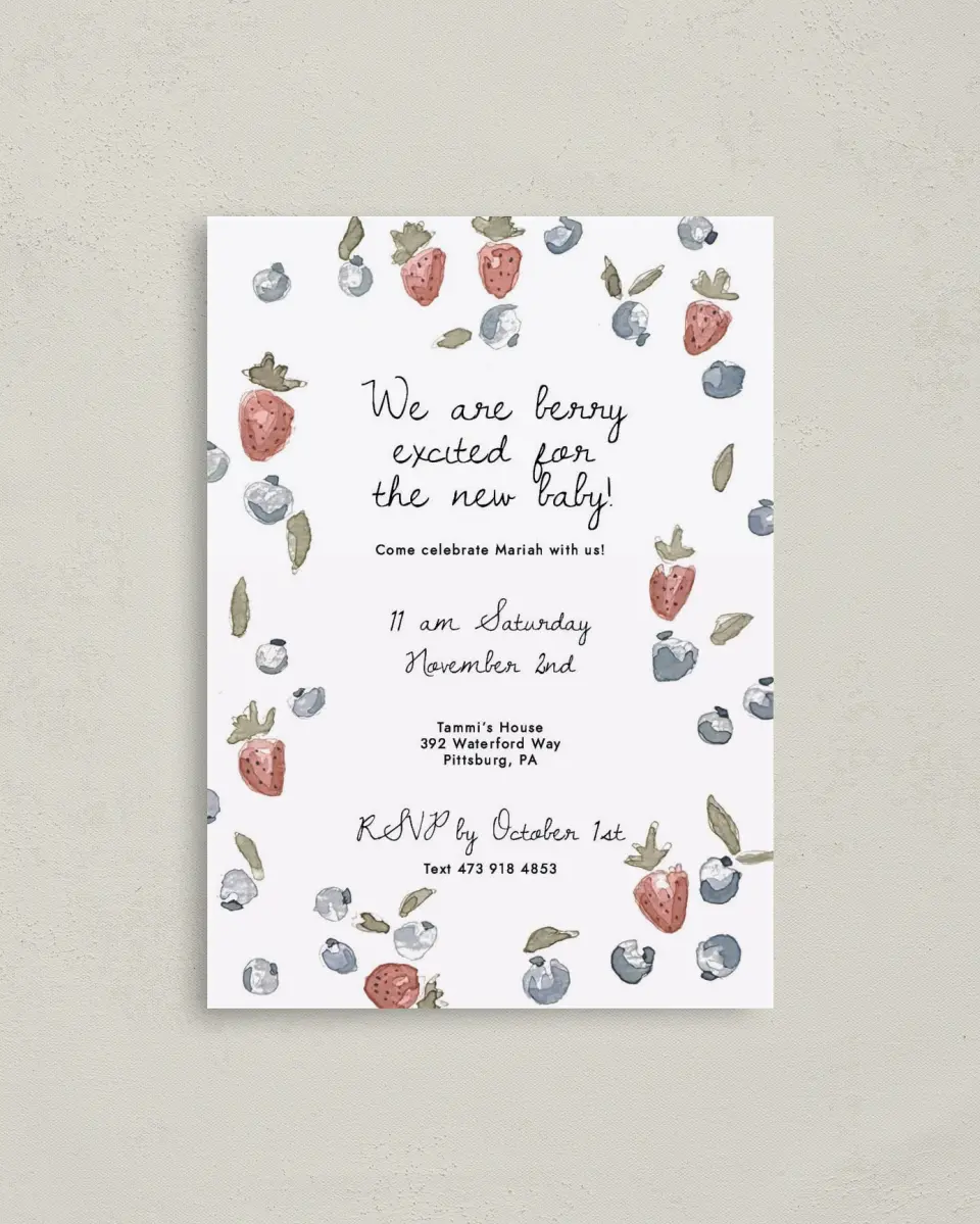 This is a 4" x 5.6" Baby Shower Invitation Postcard called Baby Berries printed in full color on Soft Touch Finish paper