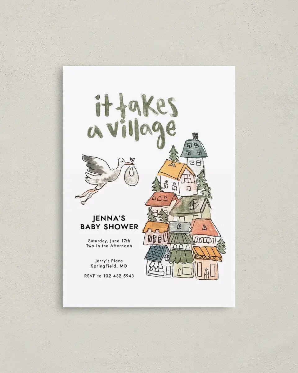 This is a 4" x 5.6" Baby Shower Invitation Postcard called Little Villa Surprise printed in full color on Soft Touch Finish paper