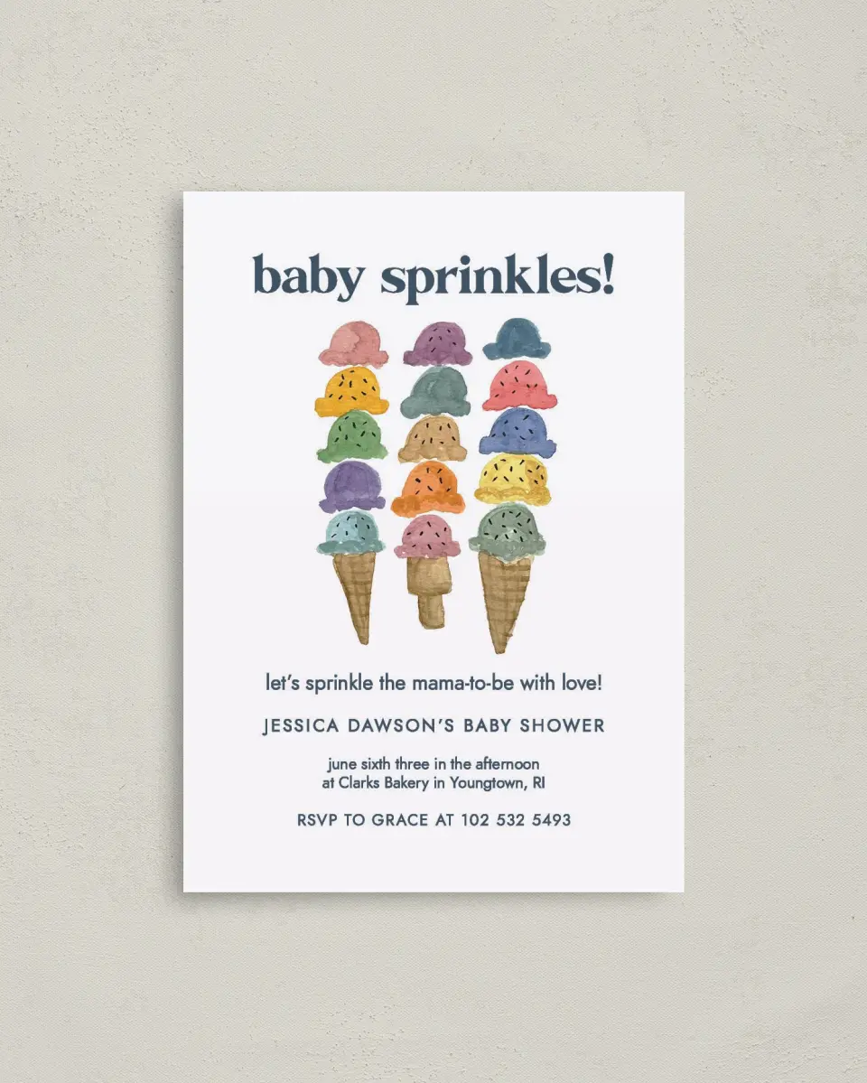 This is a 4" x 5.6" Baby Shower Invitation Postcard called Joy Sprinkles printed in full color on Soft Touch Finish paper