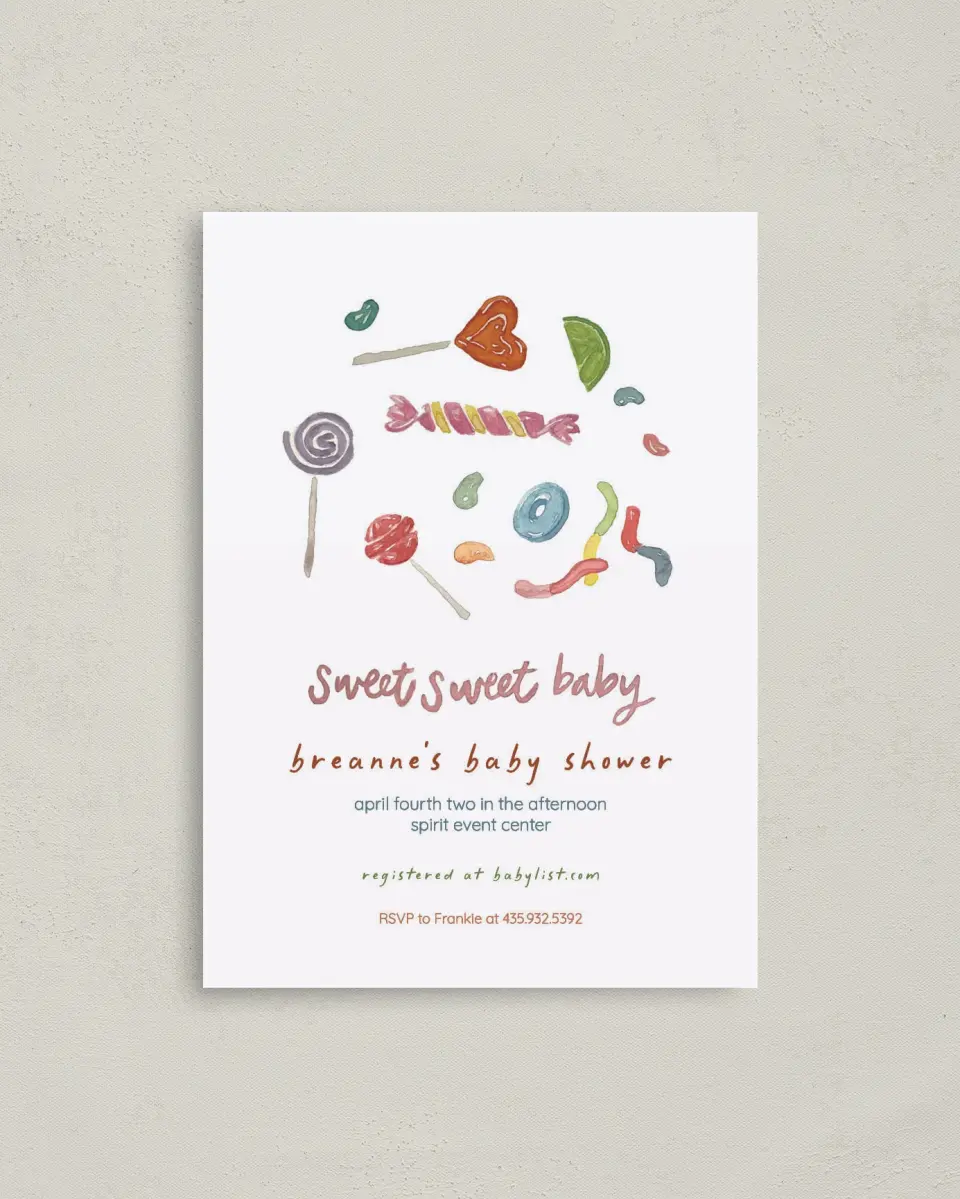 This is a 4" x 5.6" Baby Shower Invitation Postcard called Sweet Surprise printed in full color on Soft Touch Finish paper