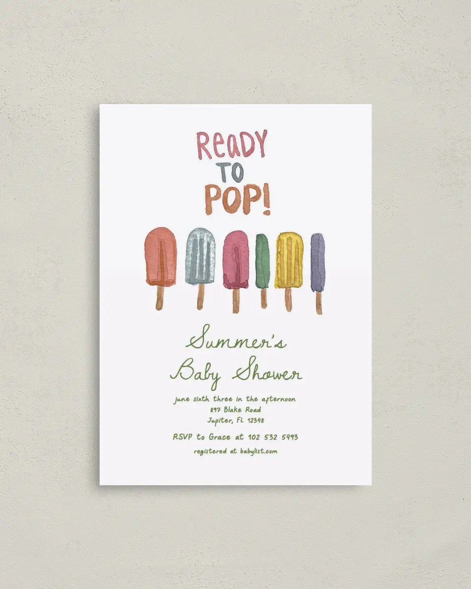 This is a 4" x 5.6" Baby Shower Invitation Postcard called Summer Showers printed in full color on Soft Touch Finish paper