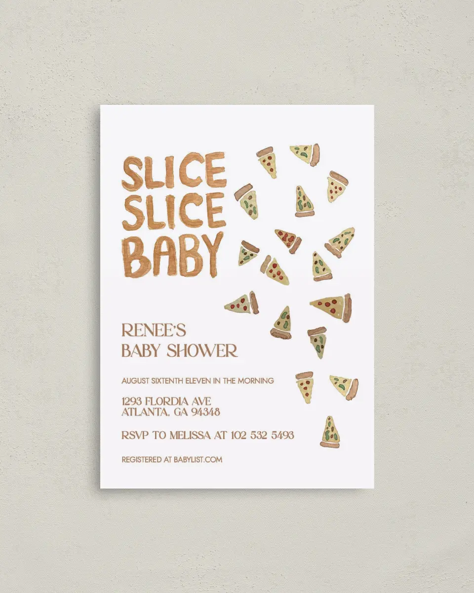 This is a 4" x 5.6" Baby Shower Invitation Postcard called A Piece of Us printed in full color on Soft Touch Finish paper