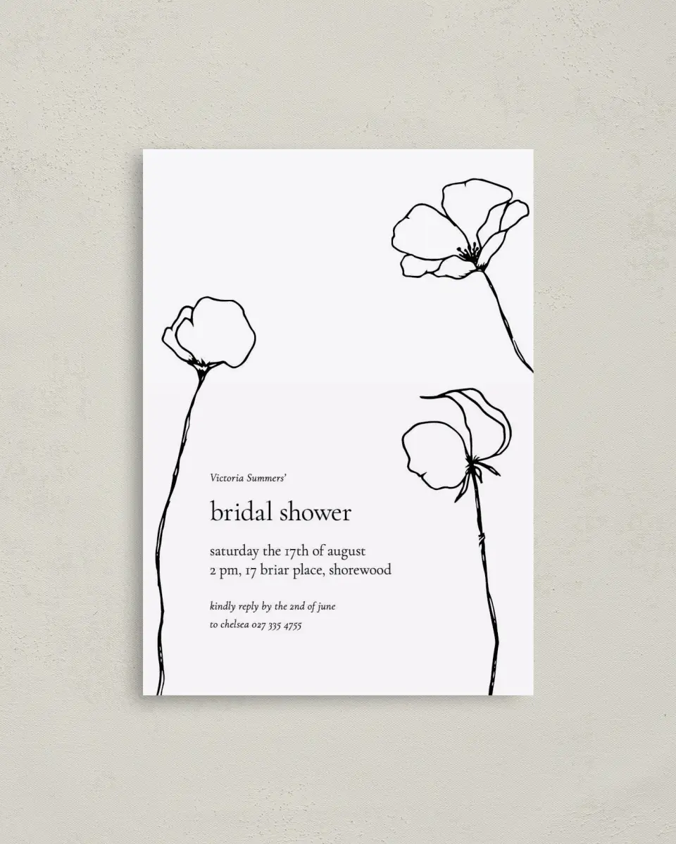 This is a 4" x 5.6" Bridal Shower Invitation Postcard called Poppy Girl printed in full color with Rose Gold foil on Soft Touch Finish paper